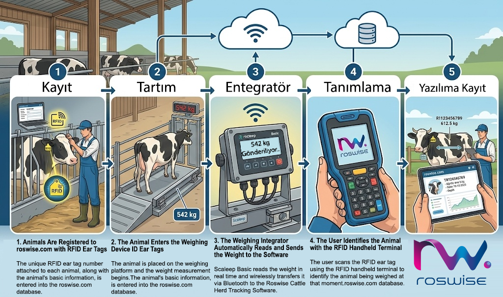 The advantages of using RFID-chipped ear tags with herd management software, and how to track live weight gain with RFID and the Scaleep Basic weighing integrator.