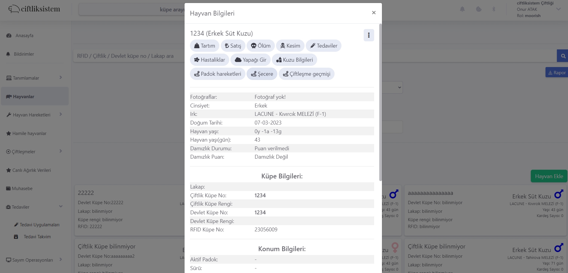 hayvan kartından şecere oluşturma, alarm kurma, tedavi kaydı işleme, kuzu bilgilerini görme
